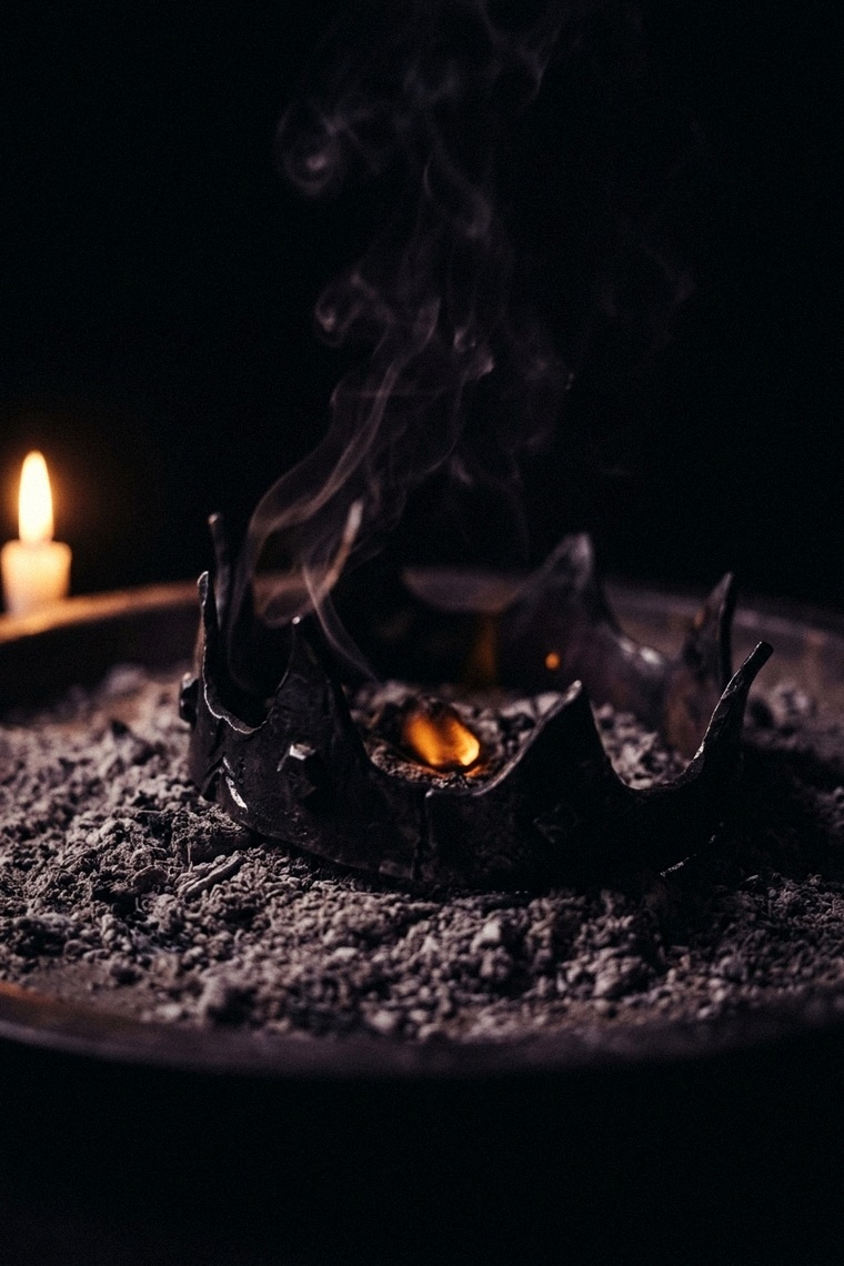 Aschekrone : une couronne de fer noircie dans des cendres incandescentes